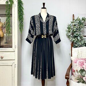 Vintage 80s Belted Midi Dress Size S Black Striped Animal Print Peekaboo Pleat